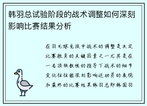 韩羽总试验阶段的战术调整如何深刻影响比赛结果分析