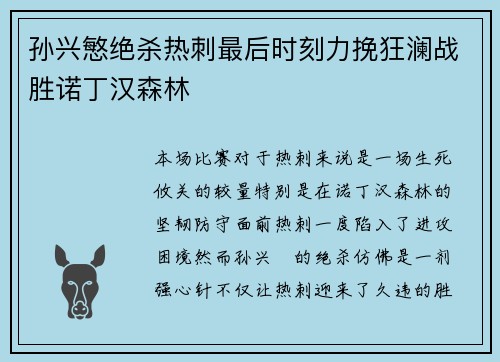 孙兴慜绝杀热刺最后时刻力挽狂澜战胜诺丁汉森林